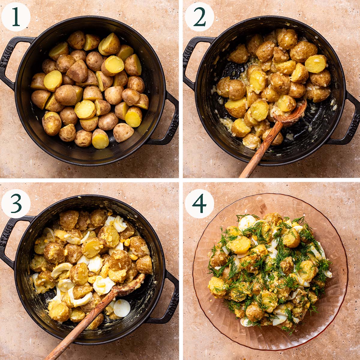 Salad steps 1 to 4, boiling potatoes, cooked potatoes, mixed with eggs, and finished salad.