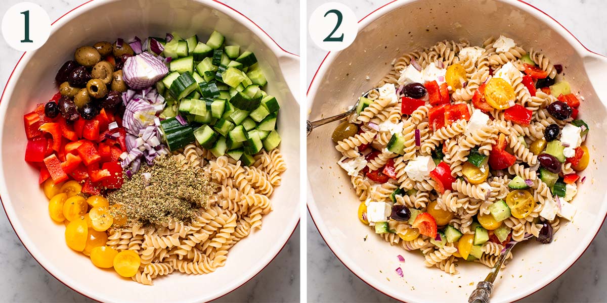 Pasta salad steps 1 and 2, before and after mixing the ingredients.