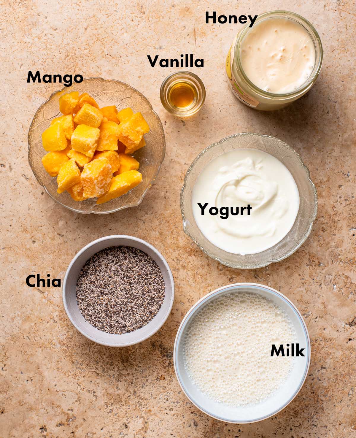 Mango chia pudding ingredients with labels.