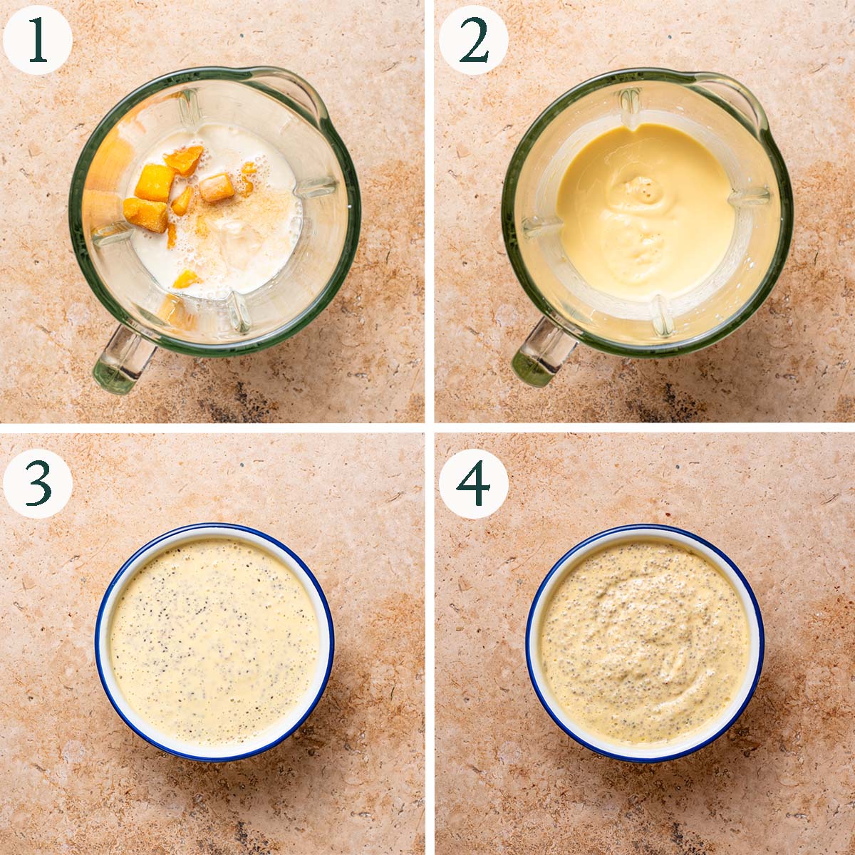 Chia pudding steps 1 to 4, blending yogurt base, chia seeds added, after soaking.
