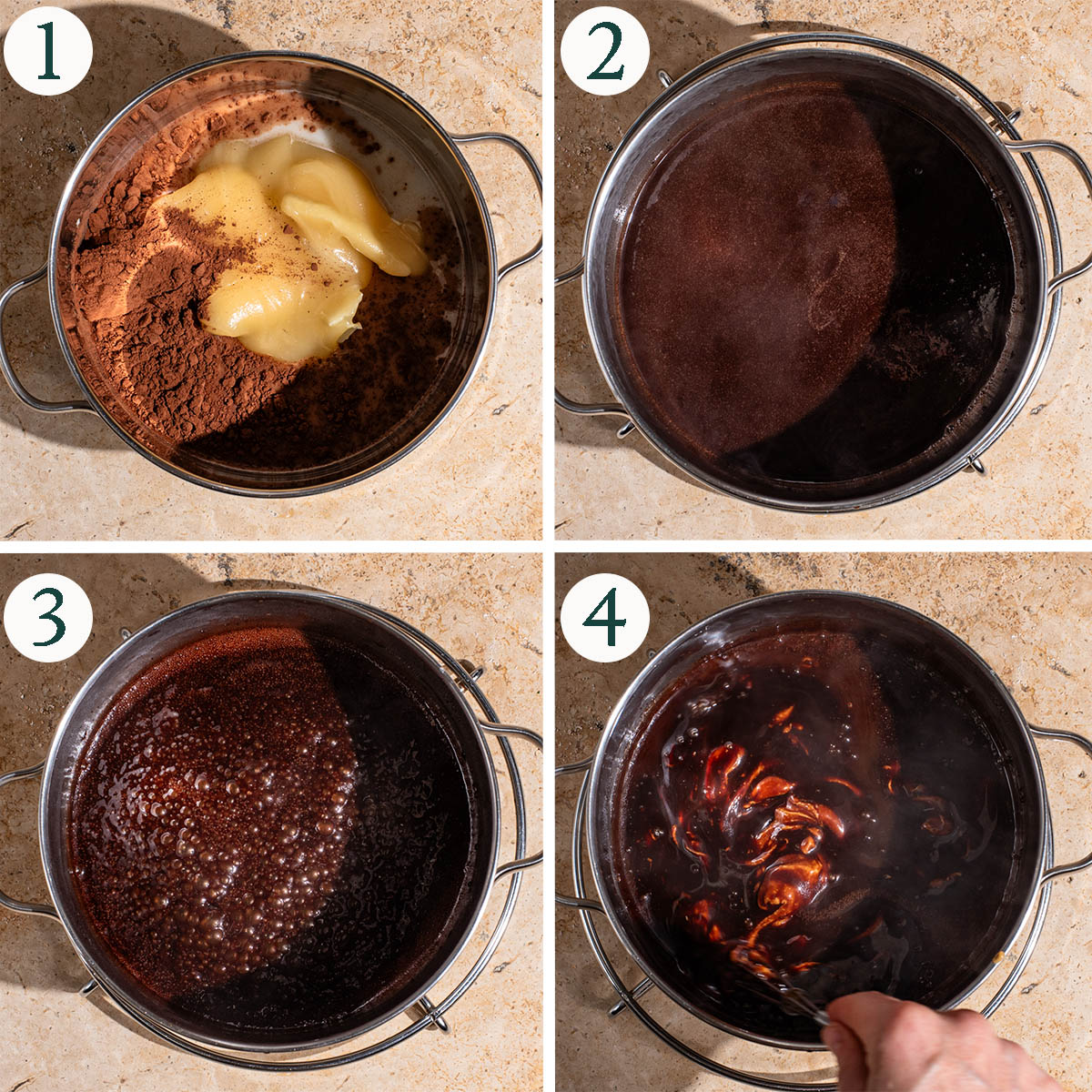 Cookie mixture steps 1 to 4, wet ingredients in a pot, melted, boiling, and whisking.