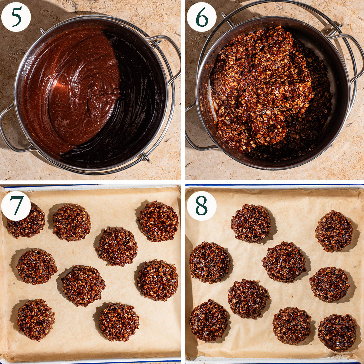 Cookies steps 5 to 8, thickened mixture after boiling, with oats added, formed into cookies, and chilled.