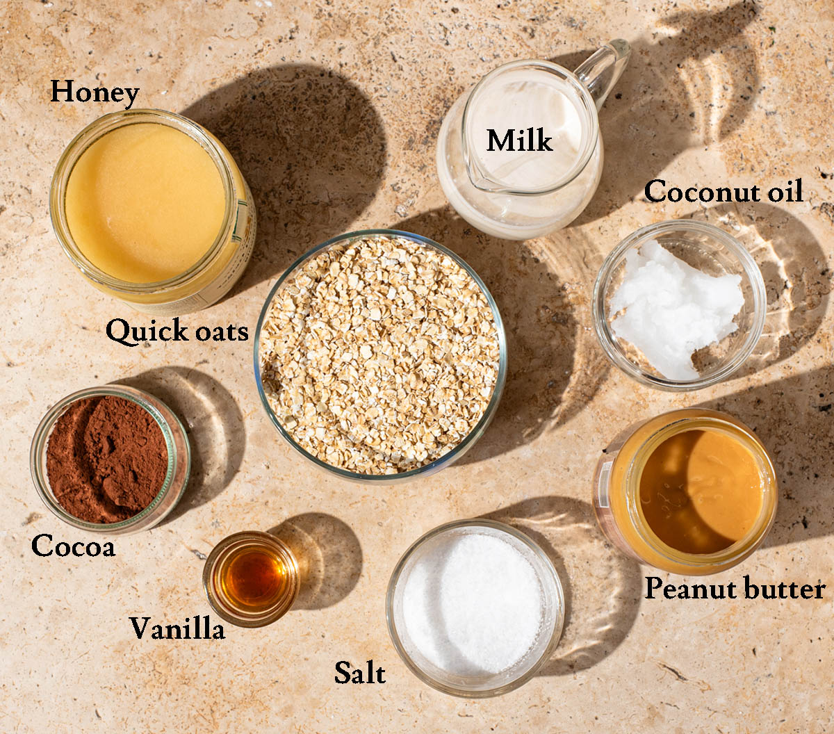 No-bake chocolate oatmeal cookies ingredients with labels.