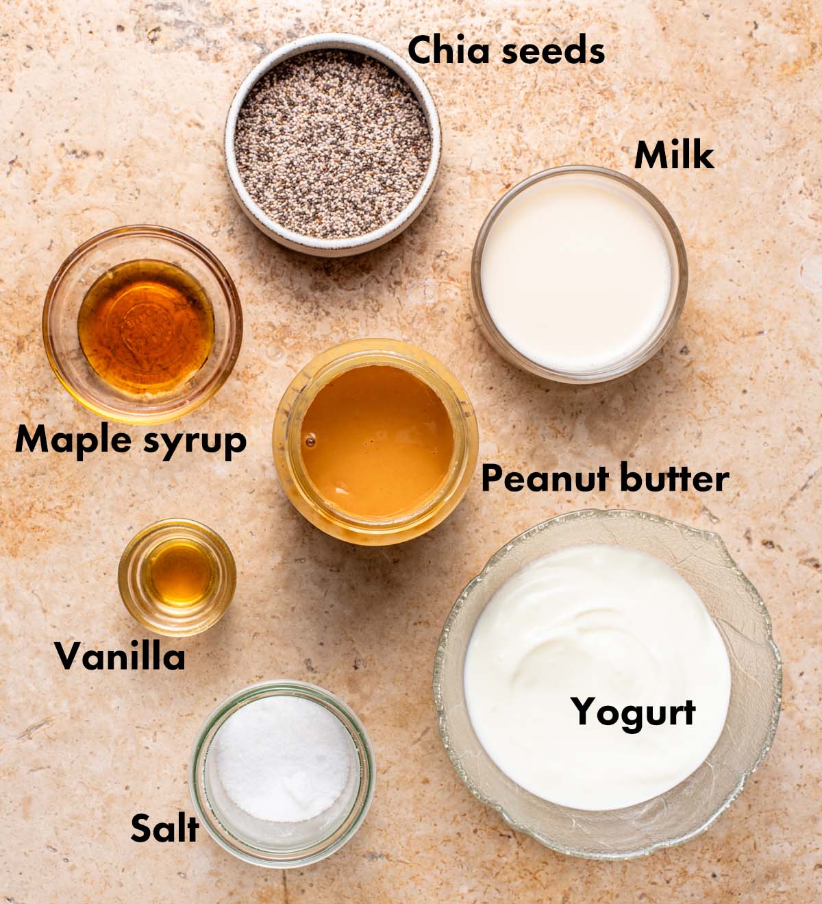 Peanut butter chia pudding ingredients with labels.