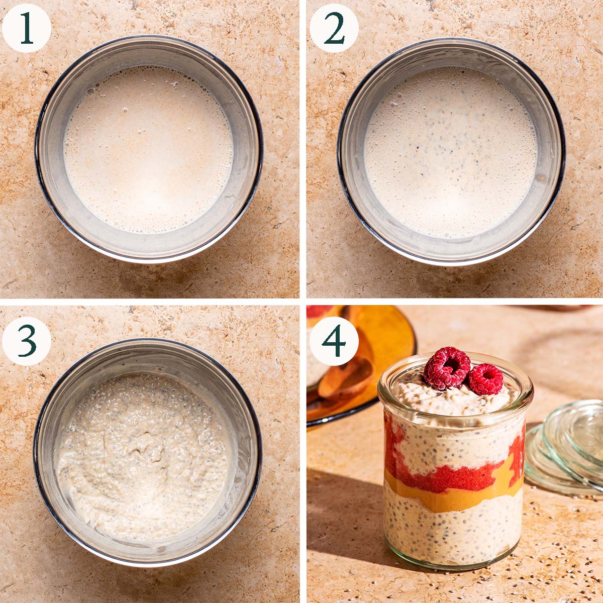 Pudding steps 1 to 4, mixed liquid ingredients, chia seeds added, after setting, and layered in a jar.