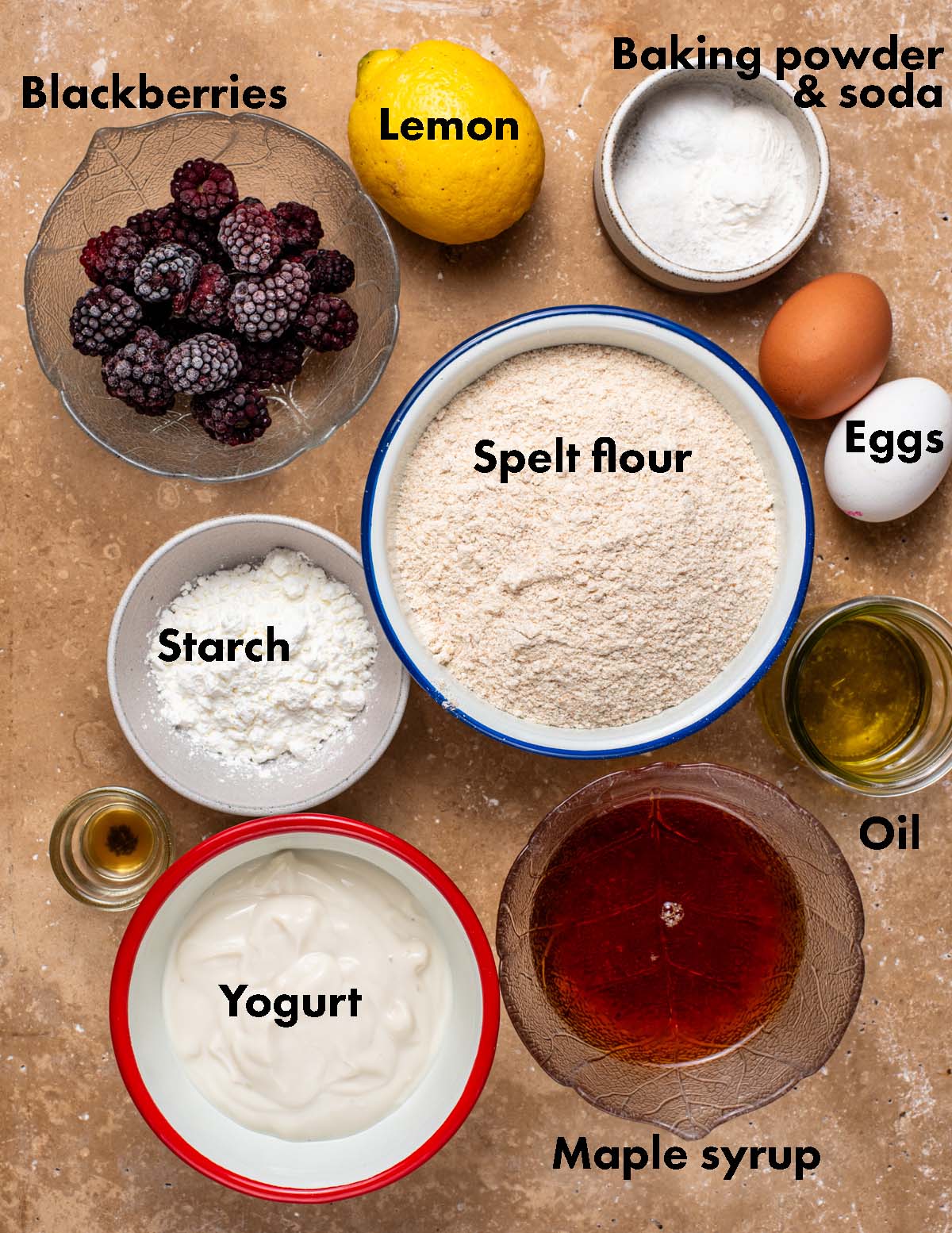 Blackberry muffins ingredients with labels.