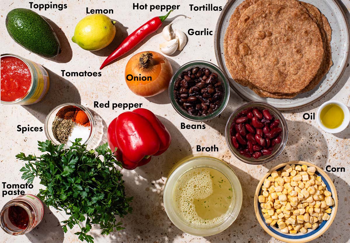 Vegetarian tortilla soup ingredients with labels.