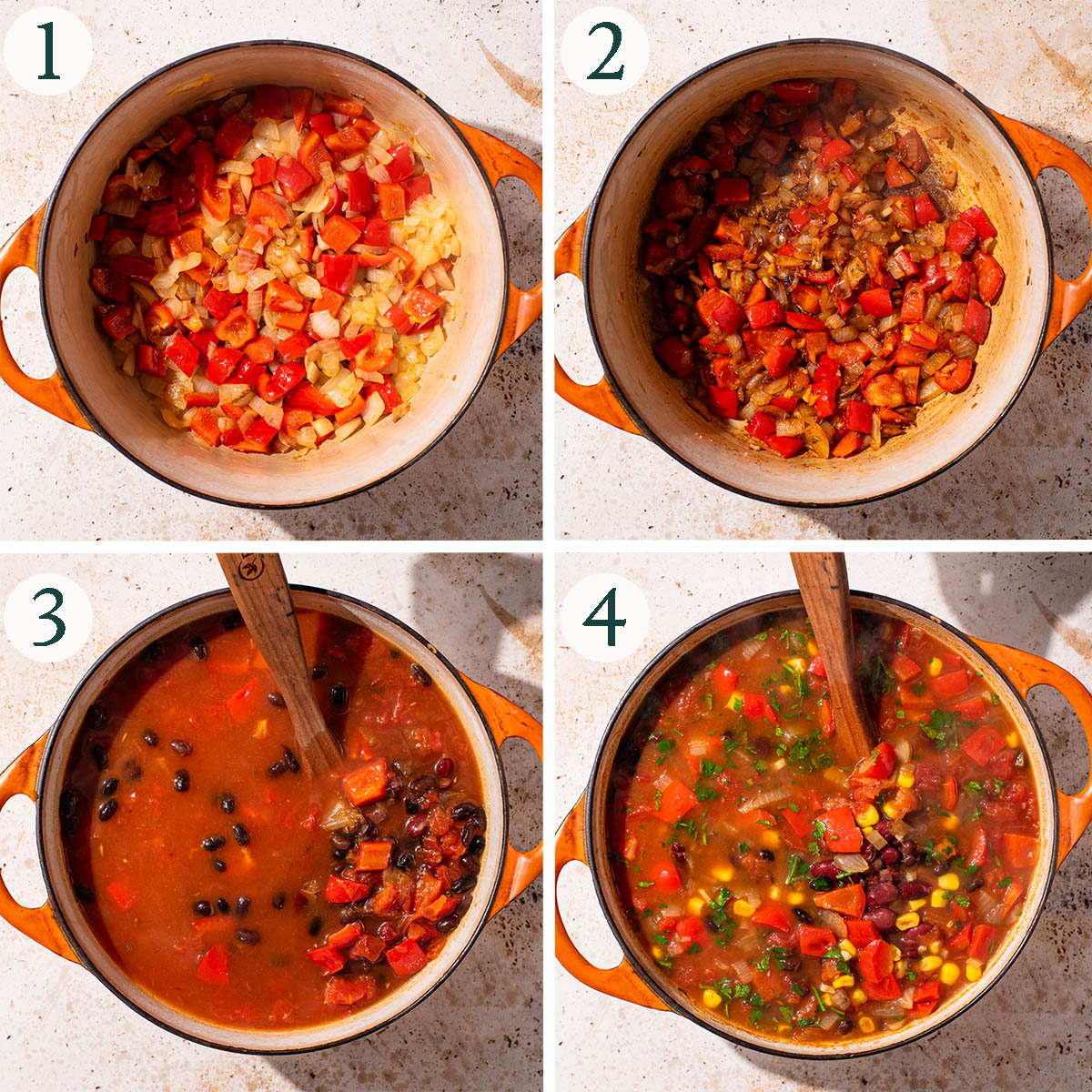 Soup steps 1 to 4, vegetables sauteing, with spices added, broth added, and finished soup.