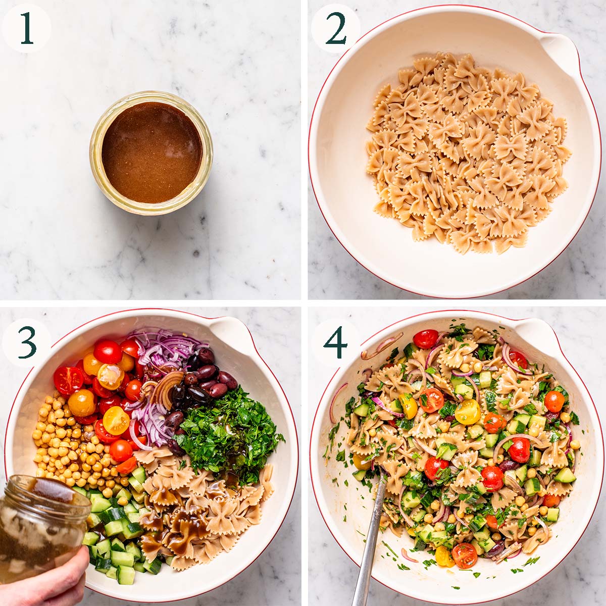 Pasta salad steps 1 to 4, vinaigrette made, cooked pasta, pouring vinaigrette, and mixed salad.
