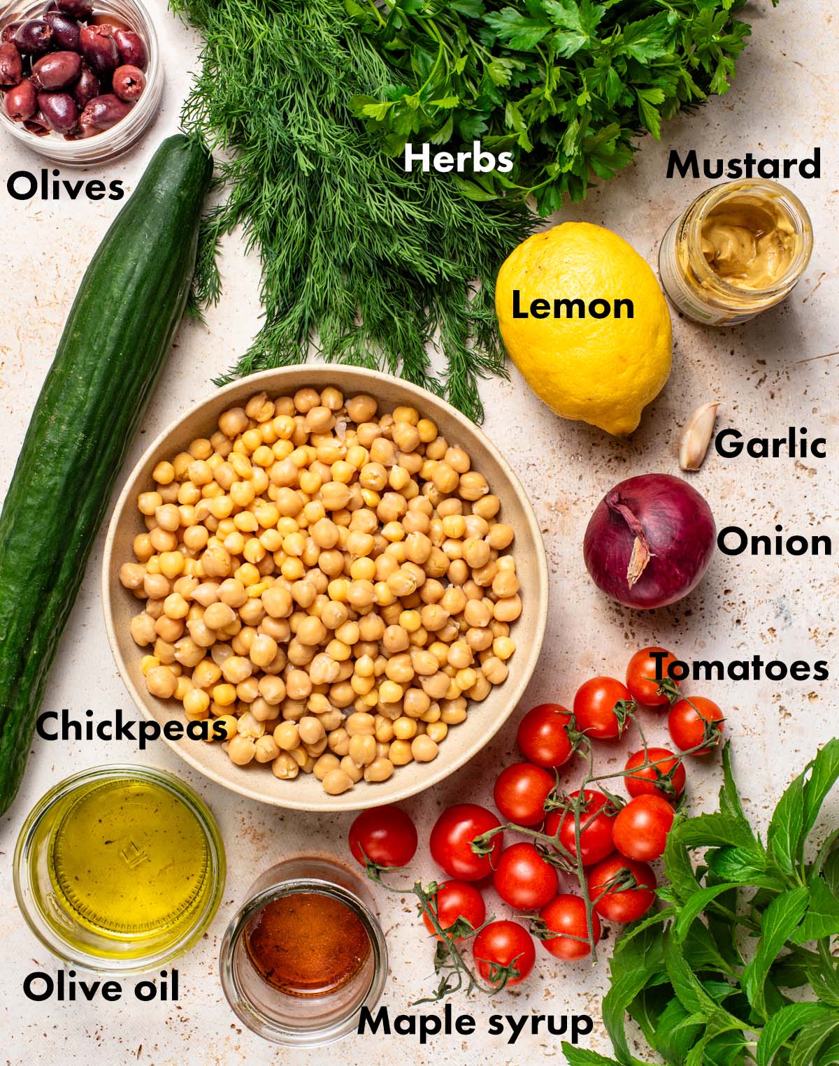 Chickpea salad ingredients with labels.
