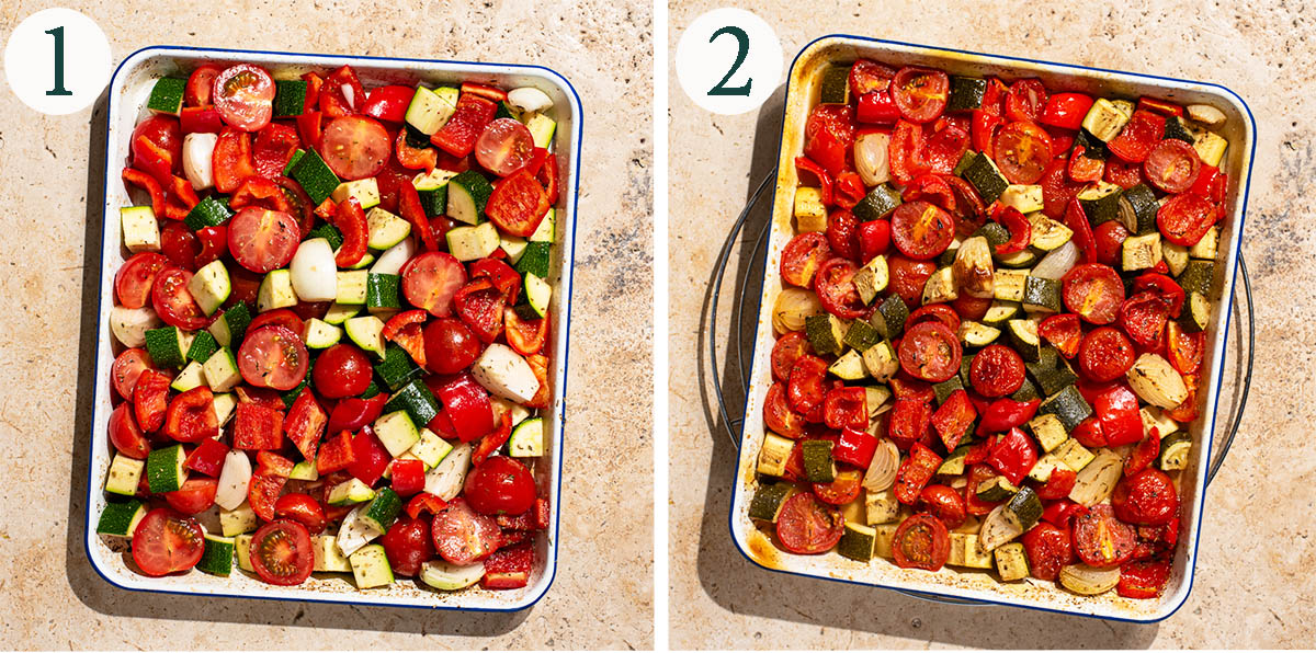 Roasted vegetables steps 1 and 2, before and after roasting.