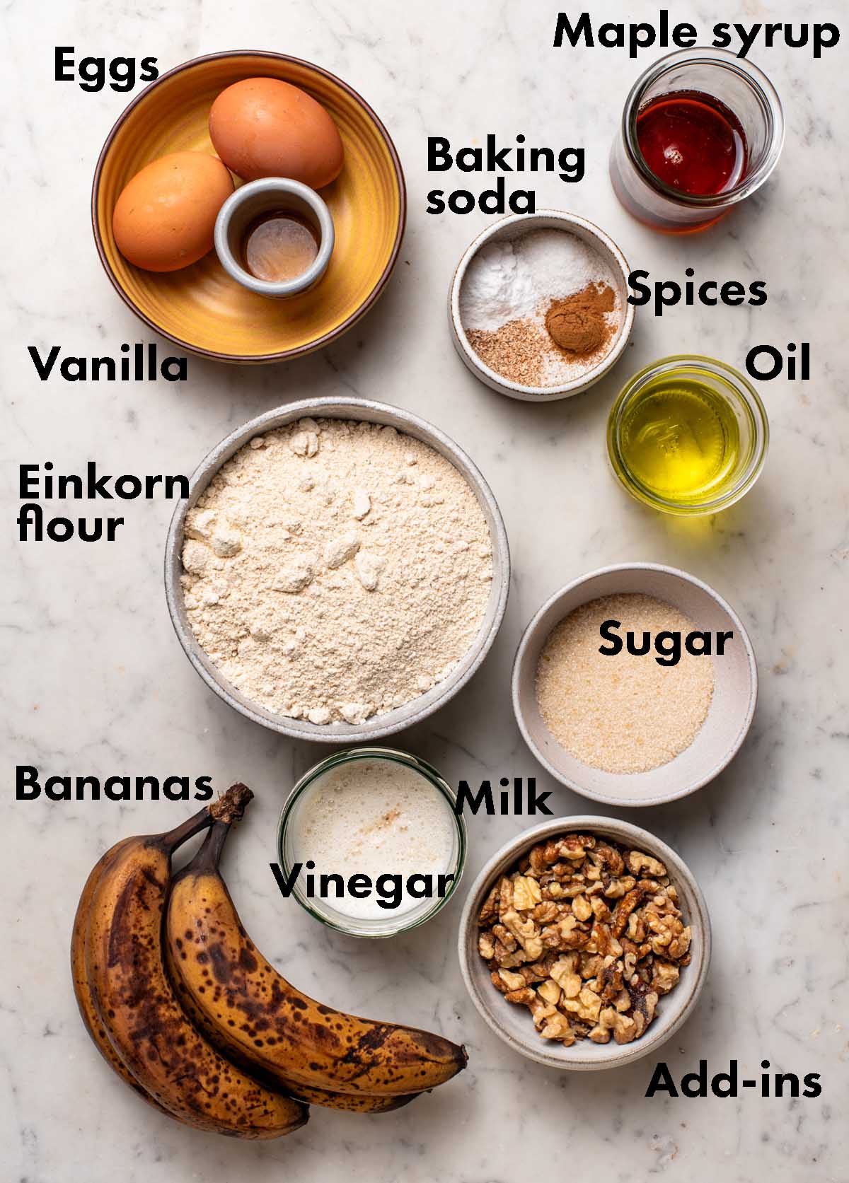 Einkorn banana bread ingredients with labels.