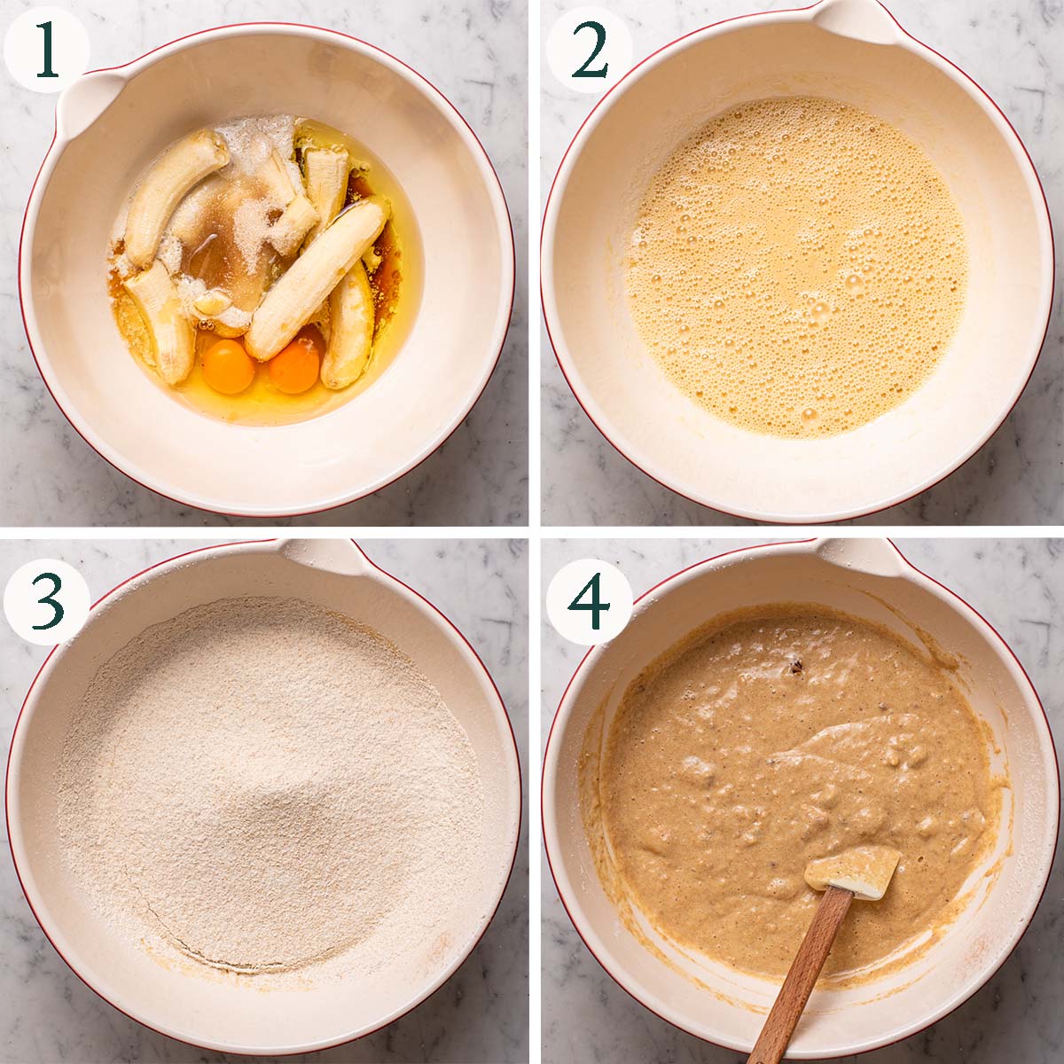 Banana bread steps 1 to 4, banana mixture before and after blending, dry ingredients added, and finished batter.