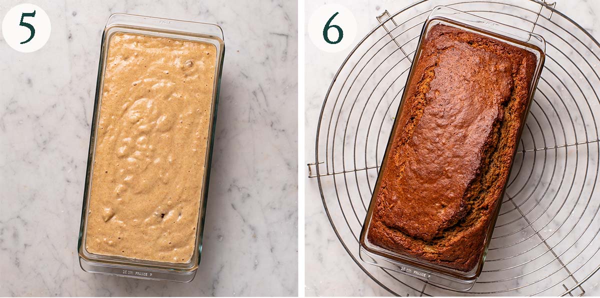 Banana bread steps 5 and 6, before and after baking.