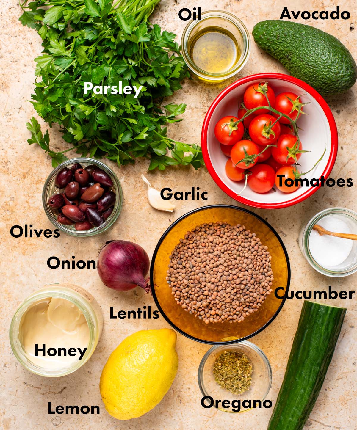 Lentil salad ingredients with labels.