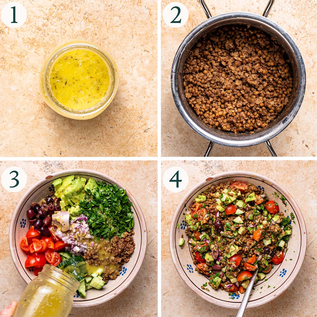 Salad steps 1 to 4, showing mixed vinaigrette, cooked lentils, and salad before and after mixing.