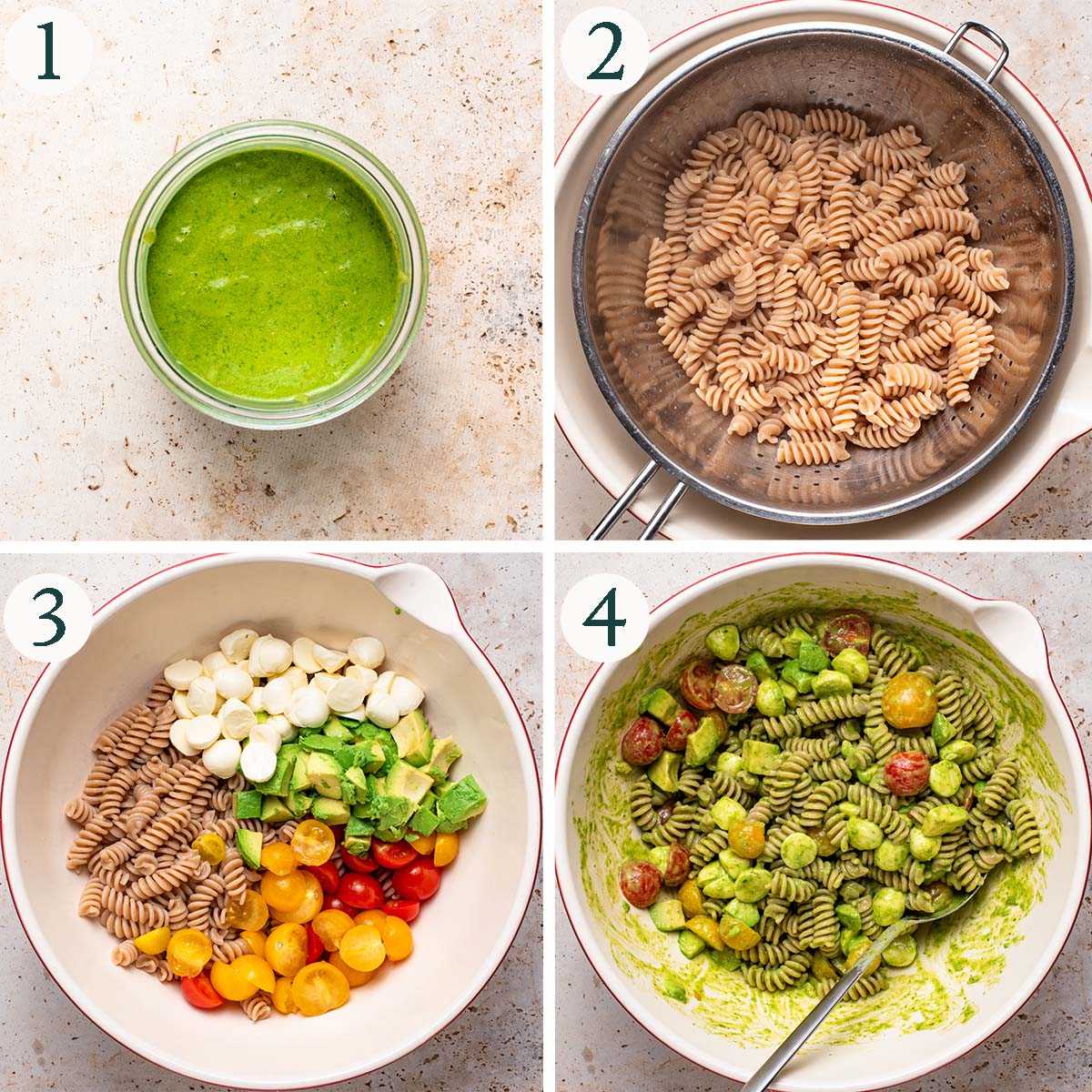 Pasta salad steps 1 to 4, with dressing blended, cooked pasta, and salad before and after mixing.