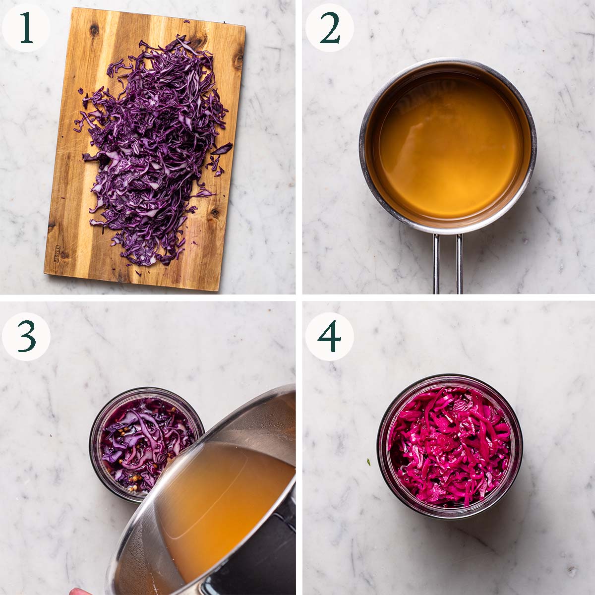 Cabbage steps 1 to 4, chopped cabbage, pickling liquid, pouring over the cabbage, finished cabbage in a jar.
