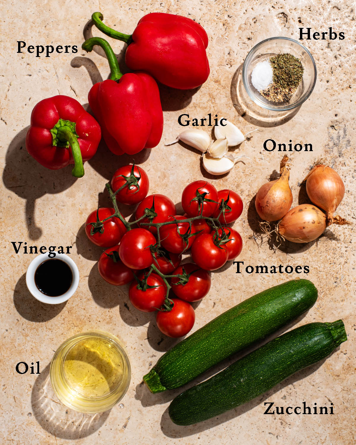 Easy ratatouille ingredients with labels.