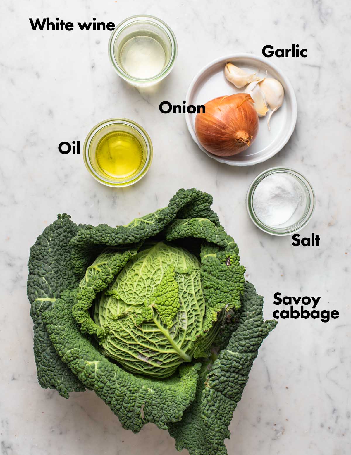 Sauteed savoy cabbage ingredients with labels.