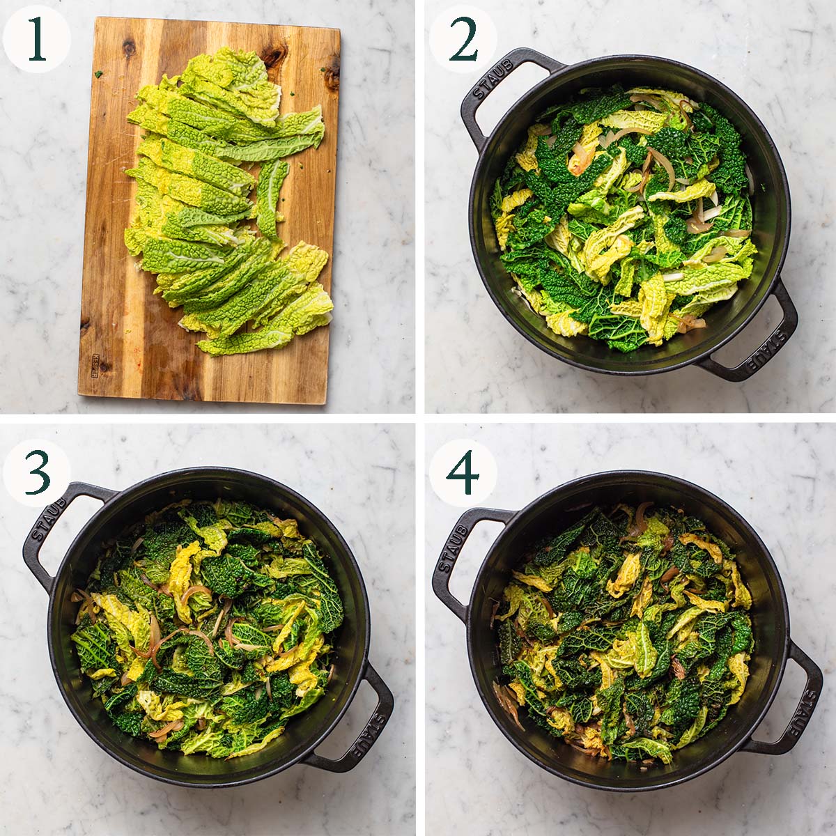 Savoy cabbage steps 1 to 4, chopped cabbage, in the pan before cooking, with the cooked onions, and after wine is added.