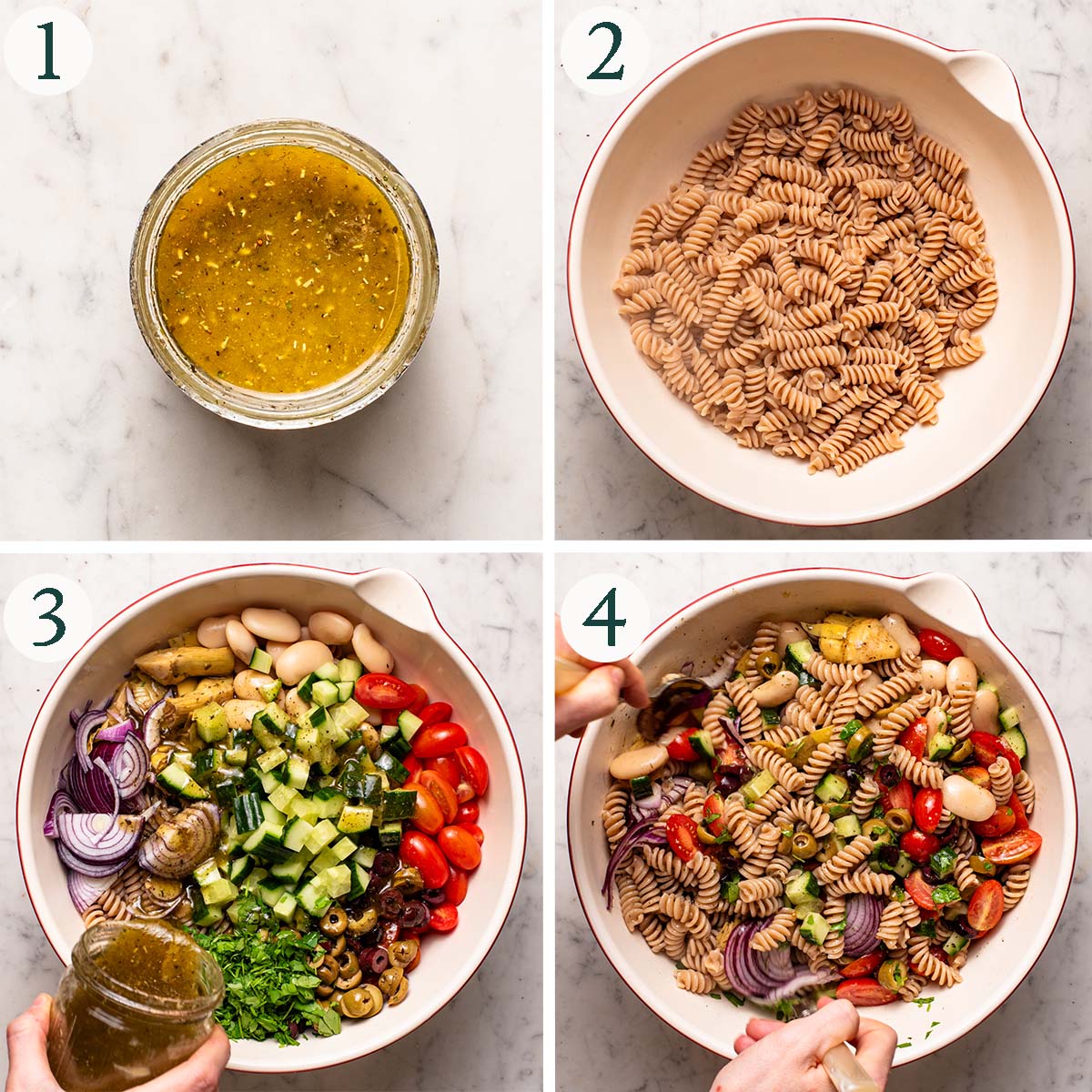 Pasta salad steps 1 to 4, vinaigrette mixed, cooked pasta, before and after mixing the salad.