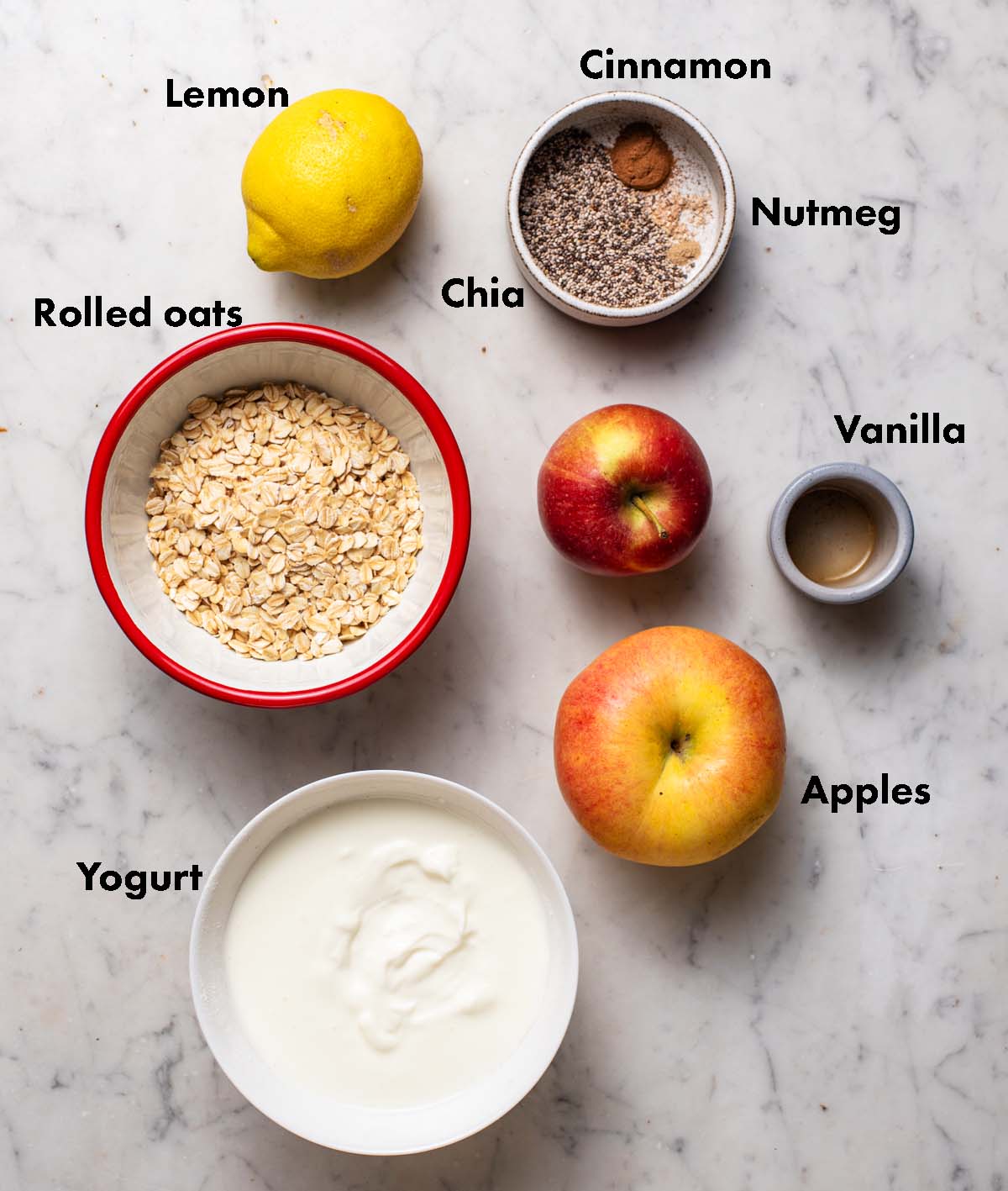 Apple cinnamon overnight oats ingredients with labels.