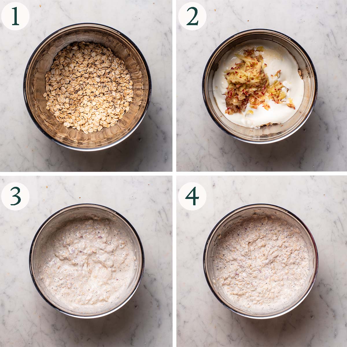 Overnight oats steps 1 to 4, dry ingredients mixed, wet ingredients added, mixed, and after chilling.