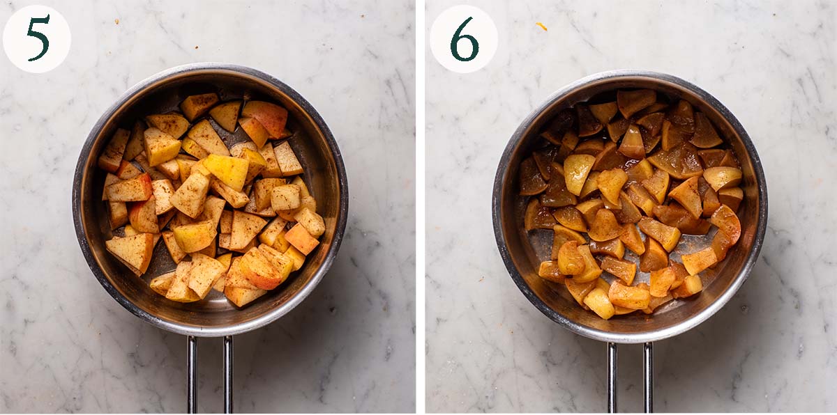 Cooked apples steps 5 and 6, before and after cooking.