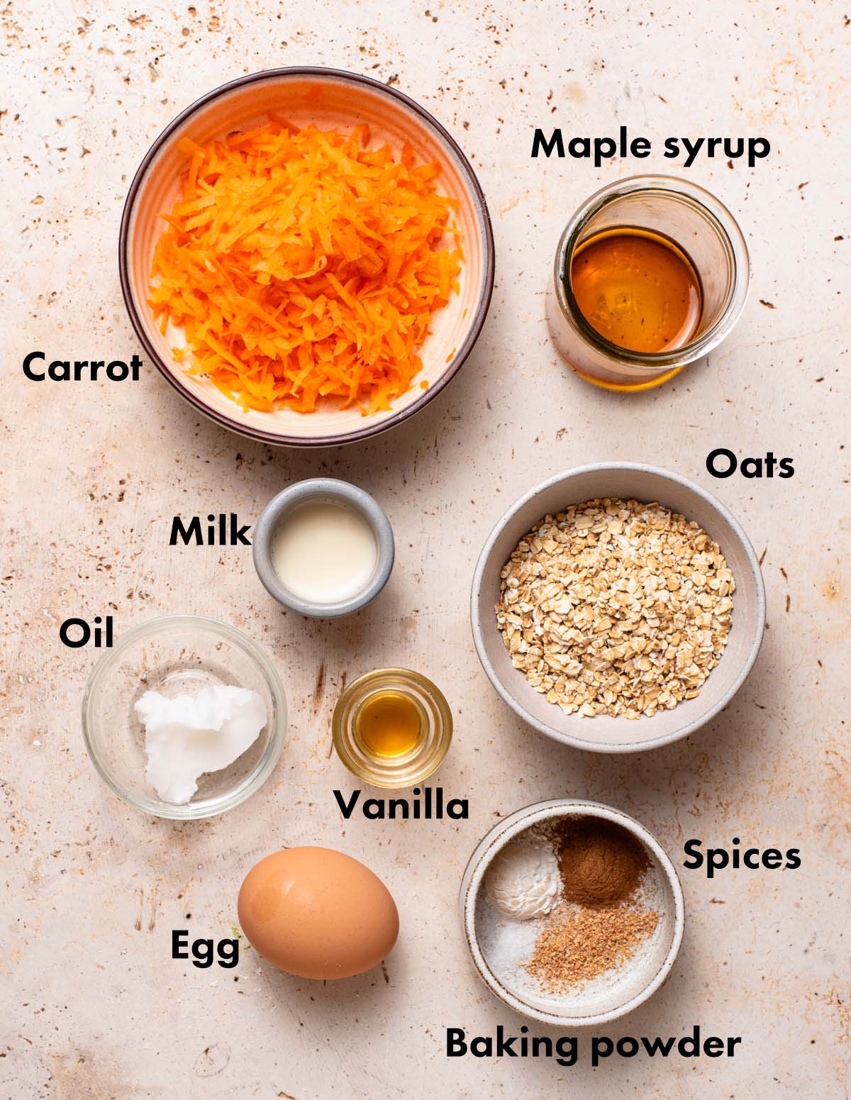 Carrot cake baked oats ingredients with labels.