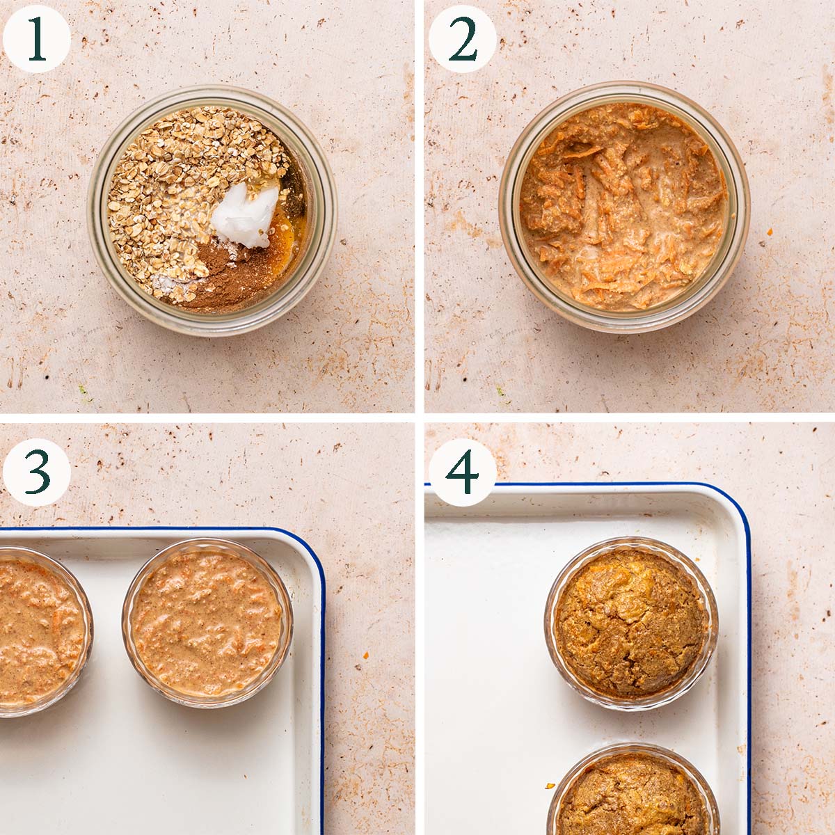 Baked oats steps 1 to 4, before and after blending, and before and after baking.