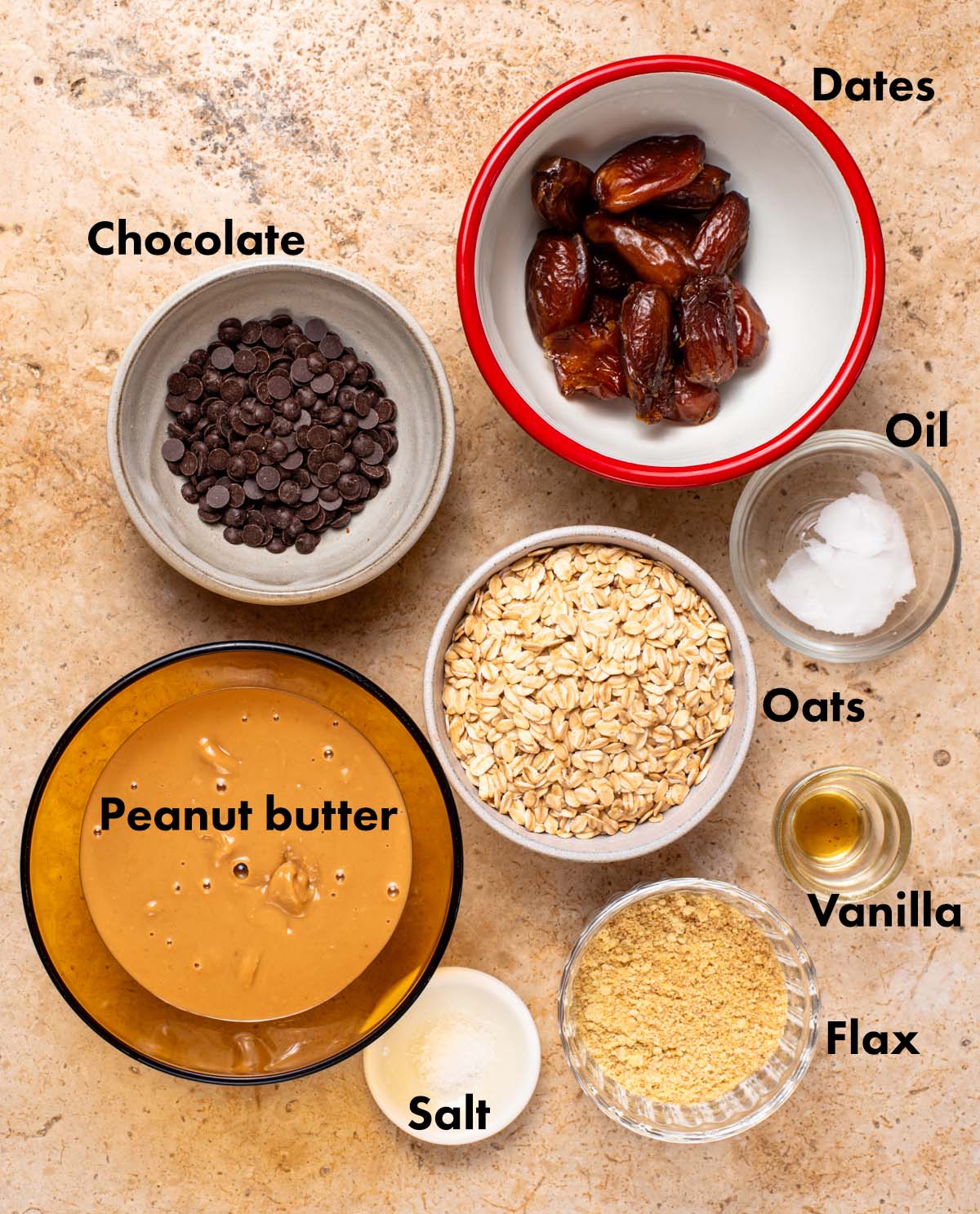 Peanut butter energy balls ingredients with labels.