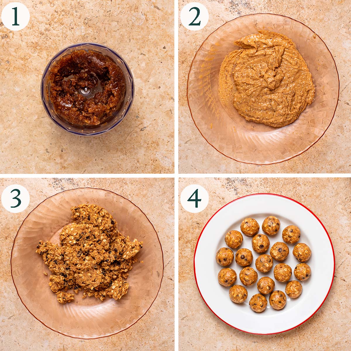Energy balls steps 1 to 4, dates blended, peanut butter mixture in a bowl, finished dough, and rolled into balls.