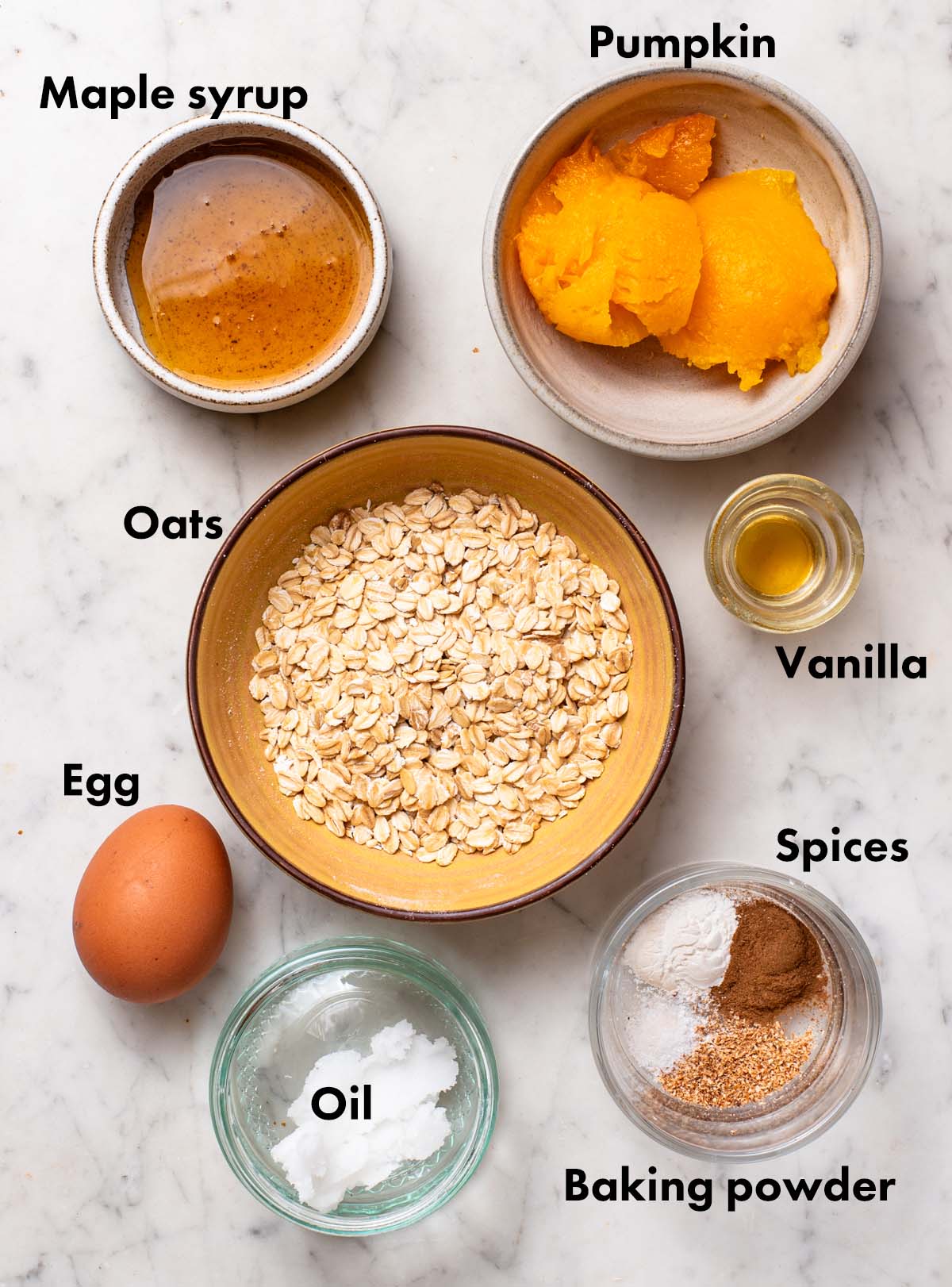 Pumpkin baked oats ingredients with labels.