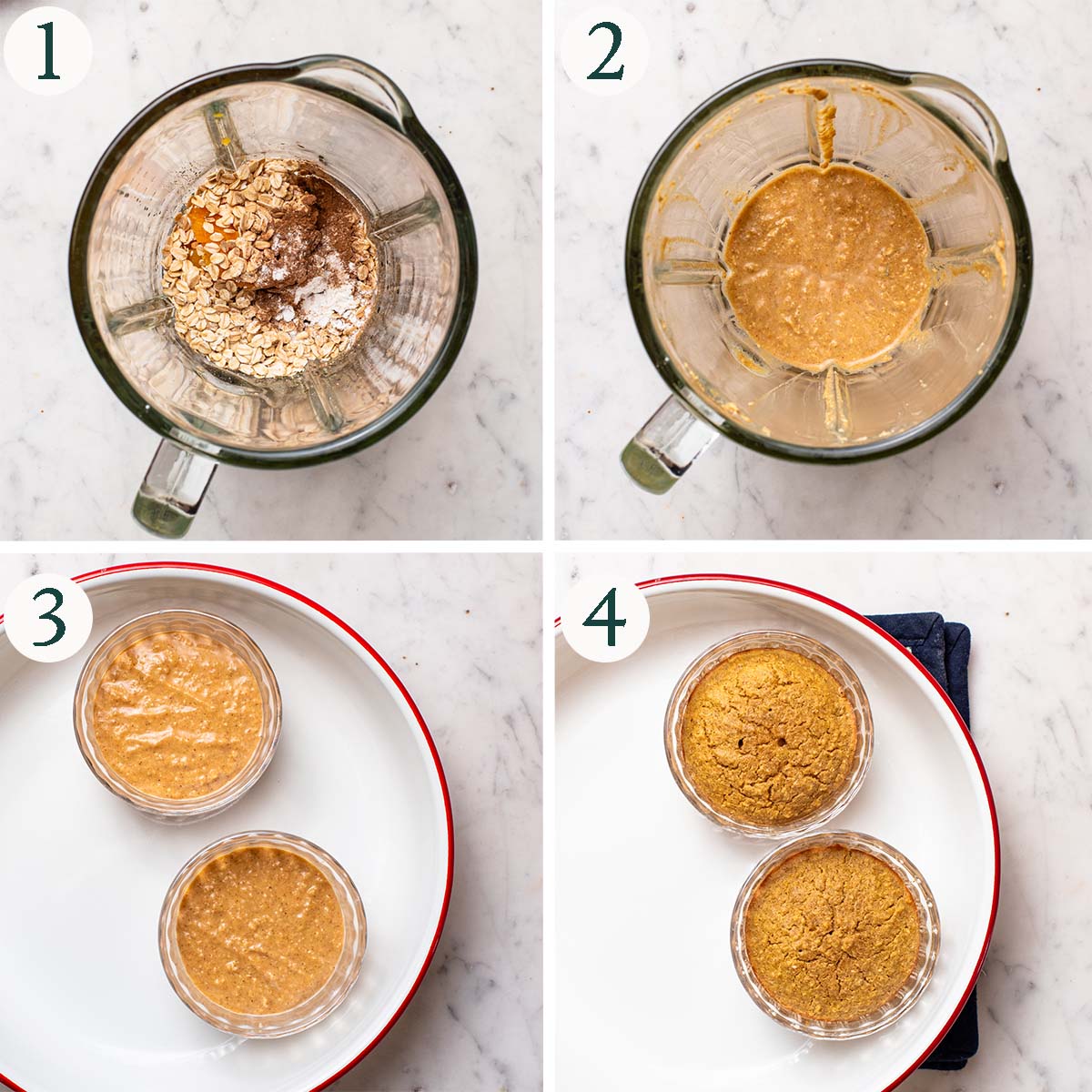 Baked oats steps 1 to 4, ingredients in the blender, after blending, before and after baking.