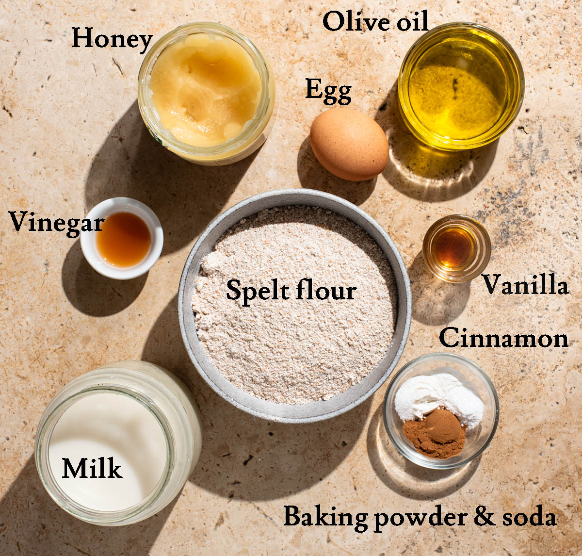 Spelt flour muffins ingredients with labels.
