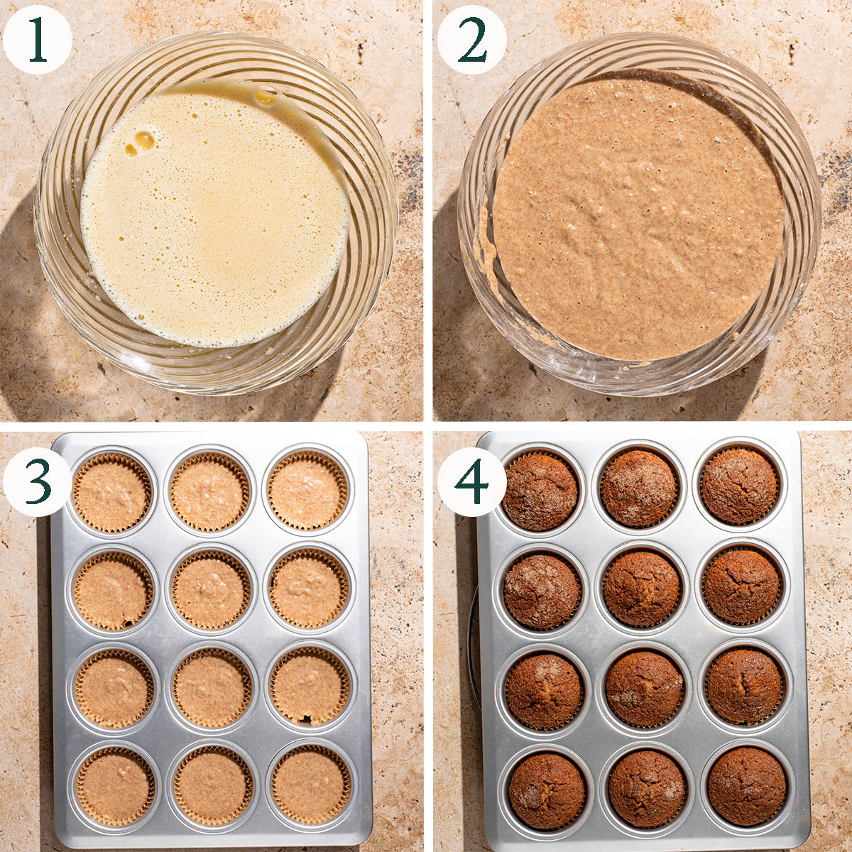 Muffins steps 1 to 4, mixing wet ingredients, finished batter, and before and after baking.