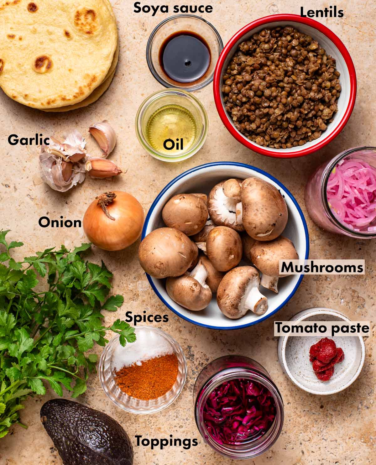 Vegetarian tacos ingredients with labels.