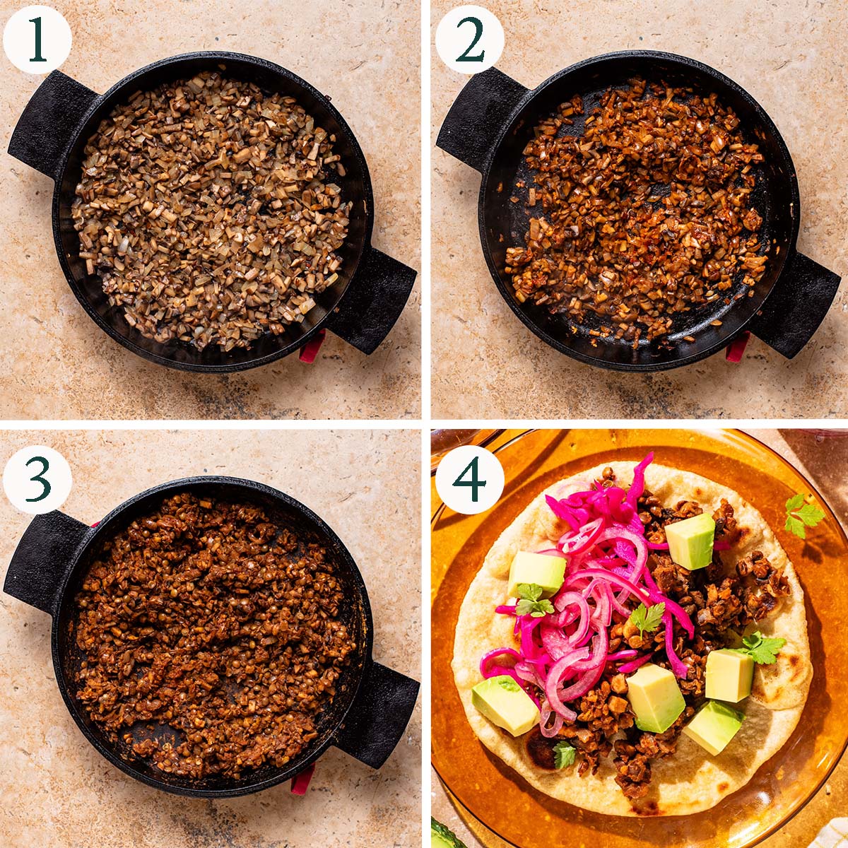 Taco filling steps 1 to 4, seared mushrooms, with spices added, finished filling in the pan, and assembled taco.