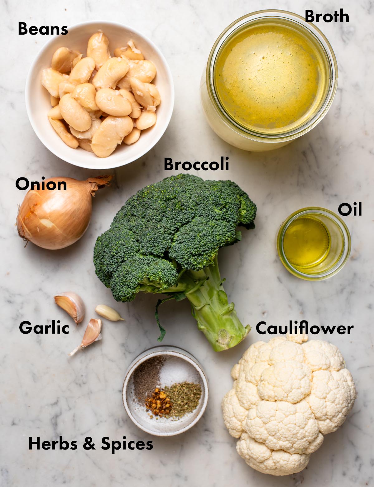 Broccoli cauliflower soup ingredients with labels.