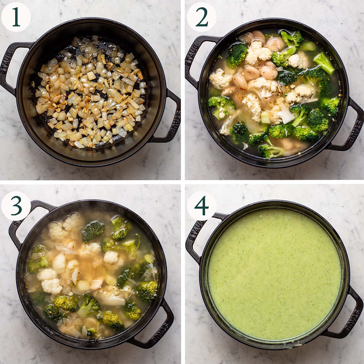 Broccoli soup steps 1 to 4, cooked onions in a pot, with vegetables and broth, after cooking, and after blending.