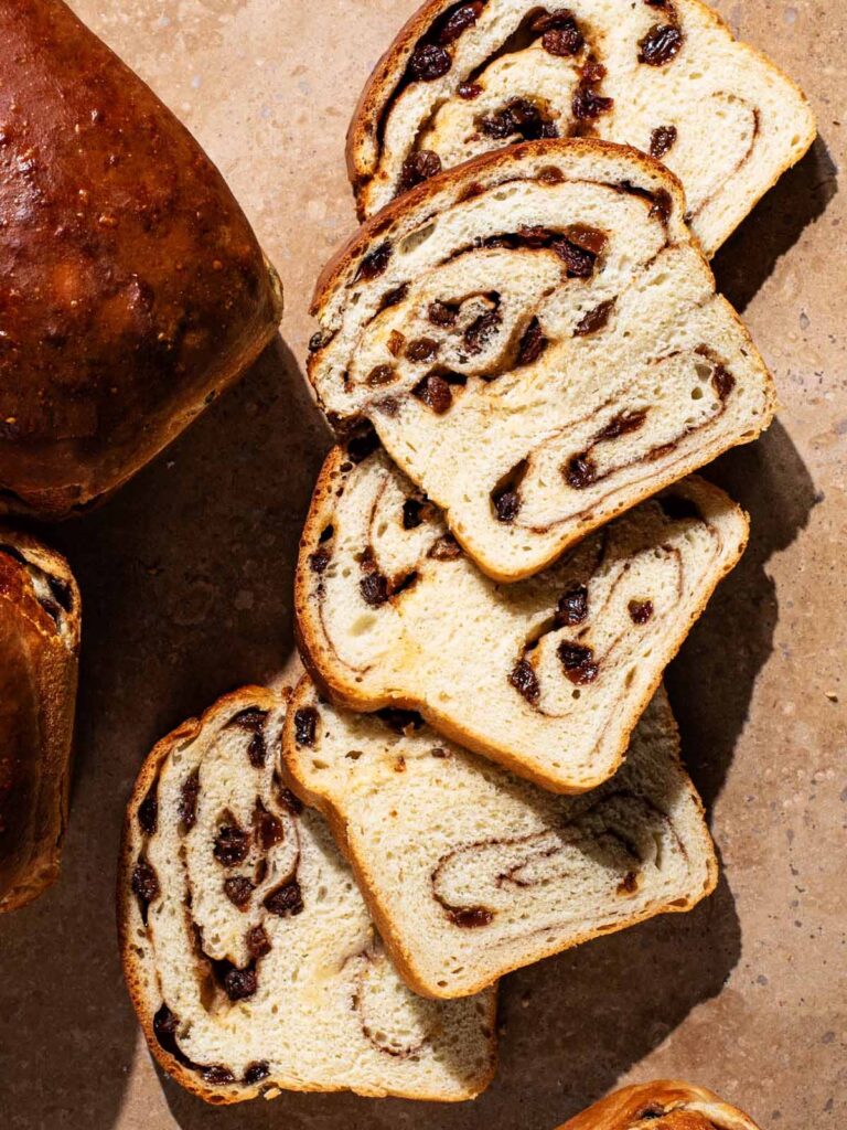 Raisin bread slices with loaves around.