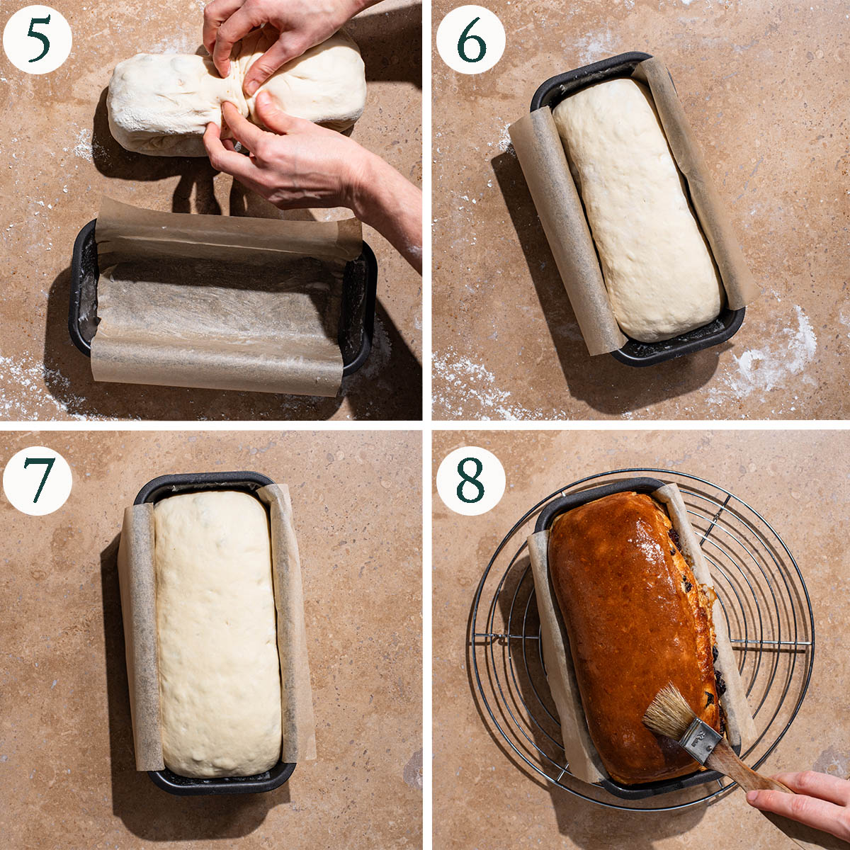 Bread steps 5 to 8, shaping the loaf, before rising in the pan, after rising, and after baking.