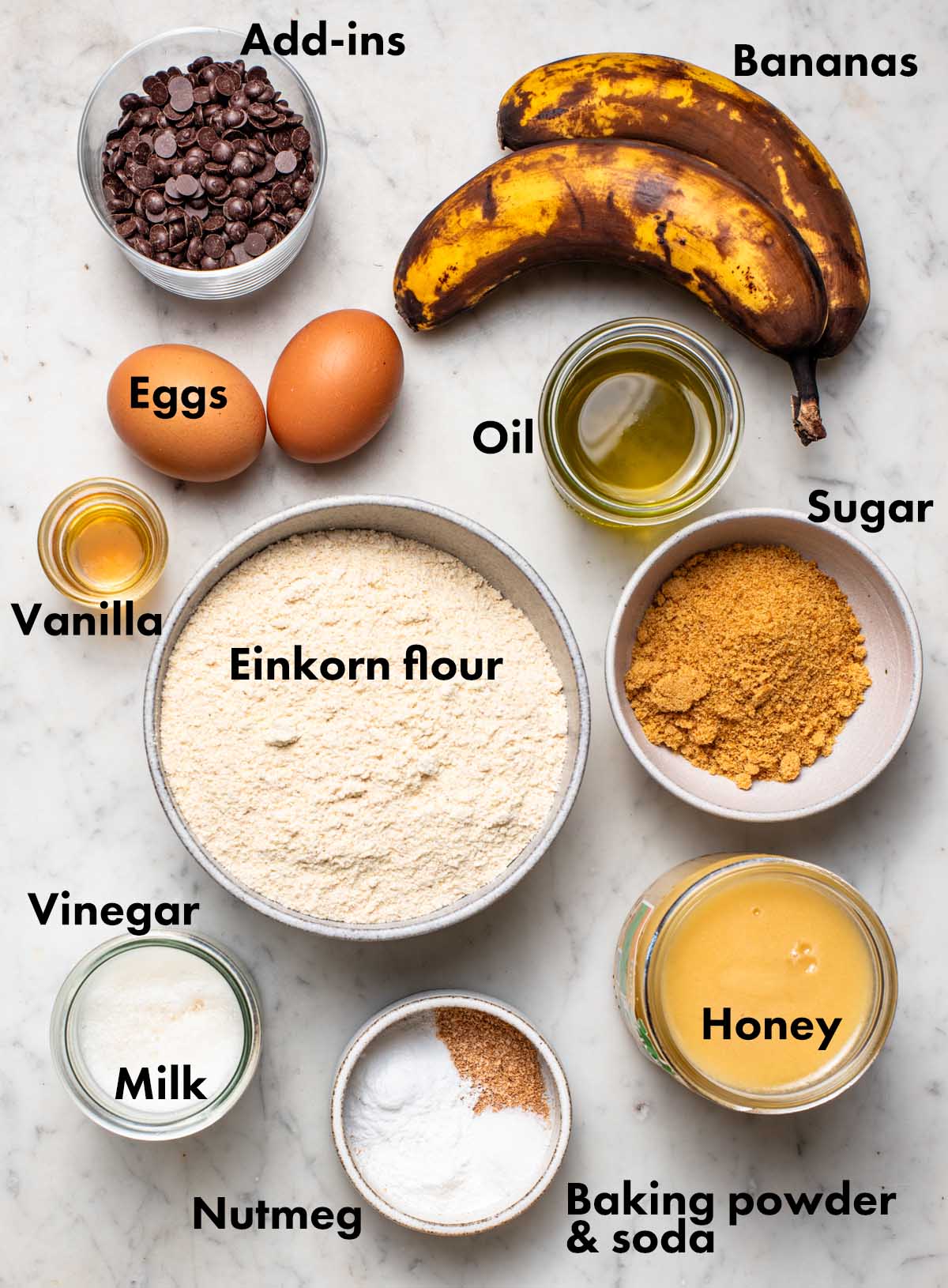 Einkorn banana muffins ingredients with labels.
