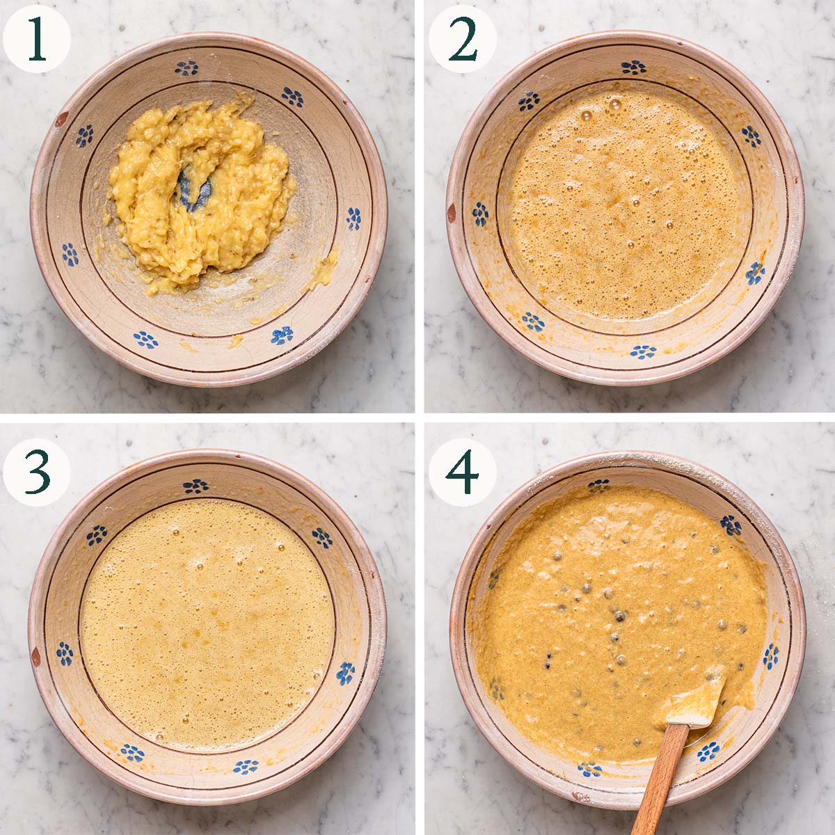 Muffins steps 1 to 4, mashed bananas, with honey and eggs, wet ingredients mixed in, and finished batter.