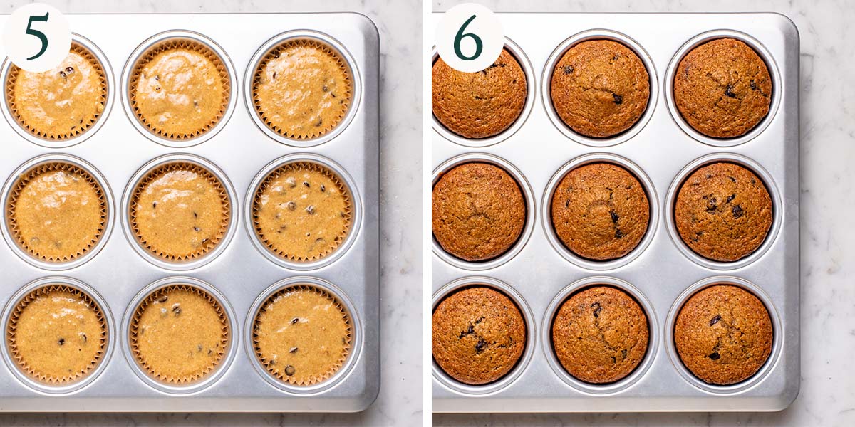Muffins steps 5 and 6, before and after baking.