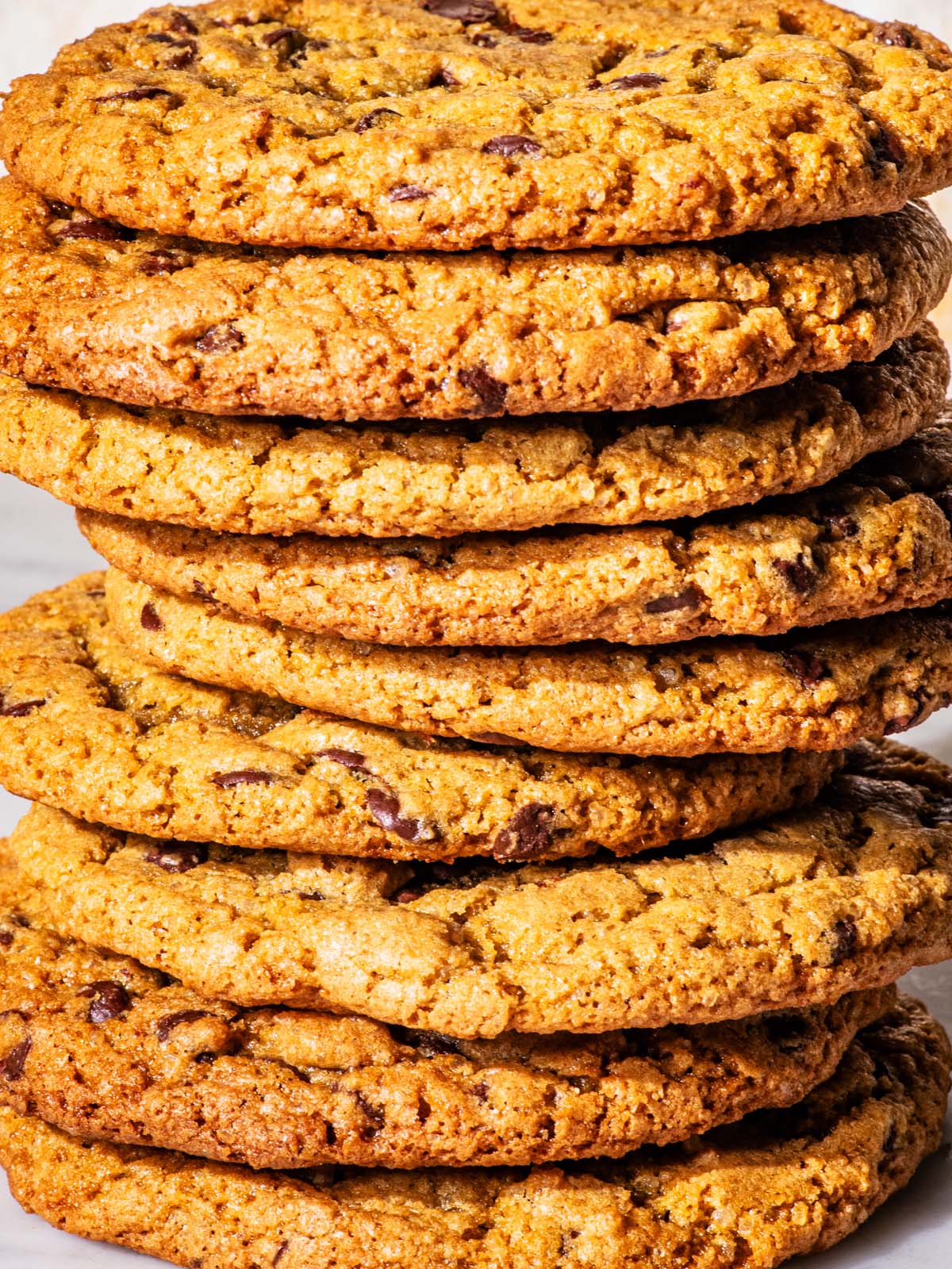 A stack of several chocolate chip cookies.