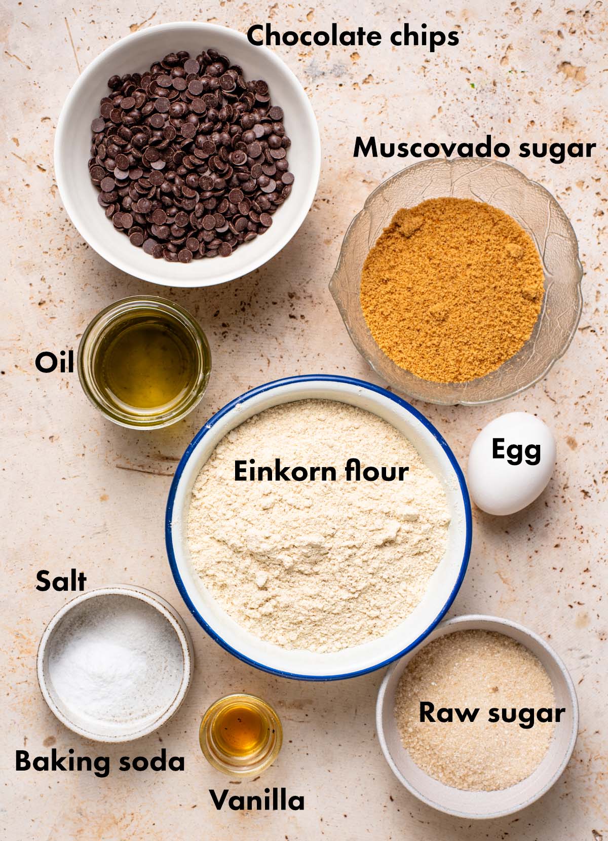 Einkorn chocolate chip cookies ingredients with labels.