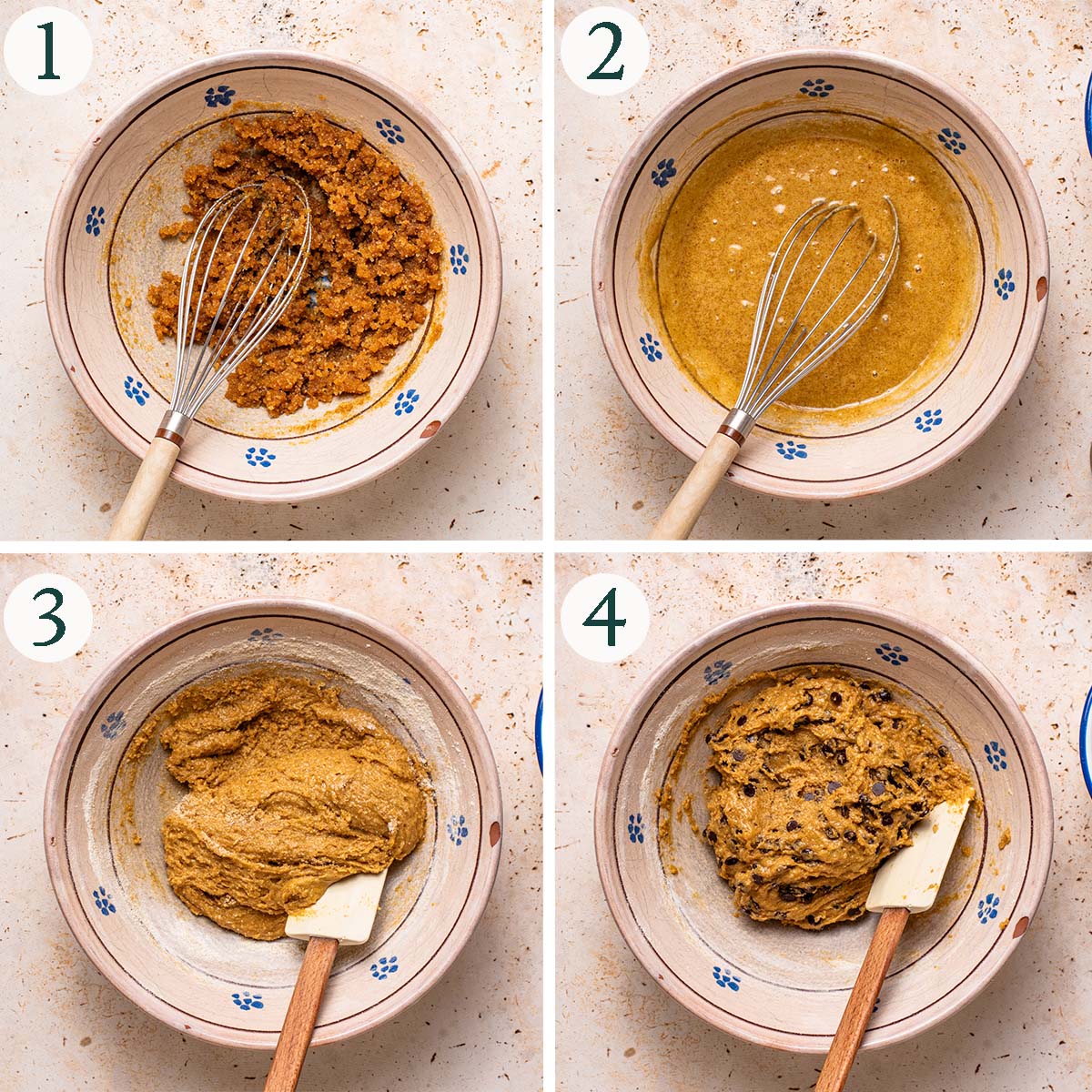 Cookie dough steps 1 to 4, whisking sugar and oil, wet ingredients mixed, dry ingredients added, and finished dough.