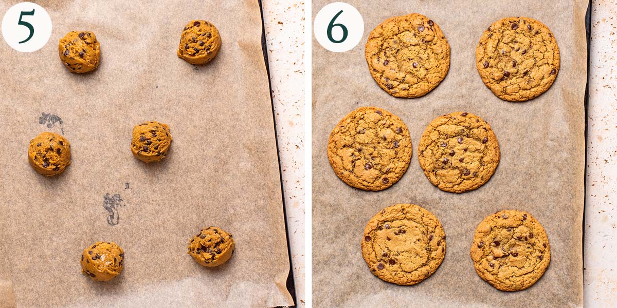 Cookies steps 5 and 6, before and after baking.